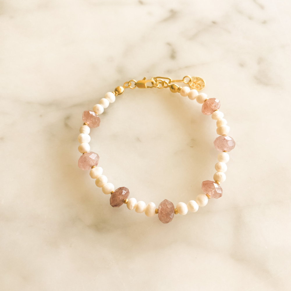 Rosalie Natural Pearl Strawberry Quartz Bracelet