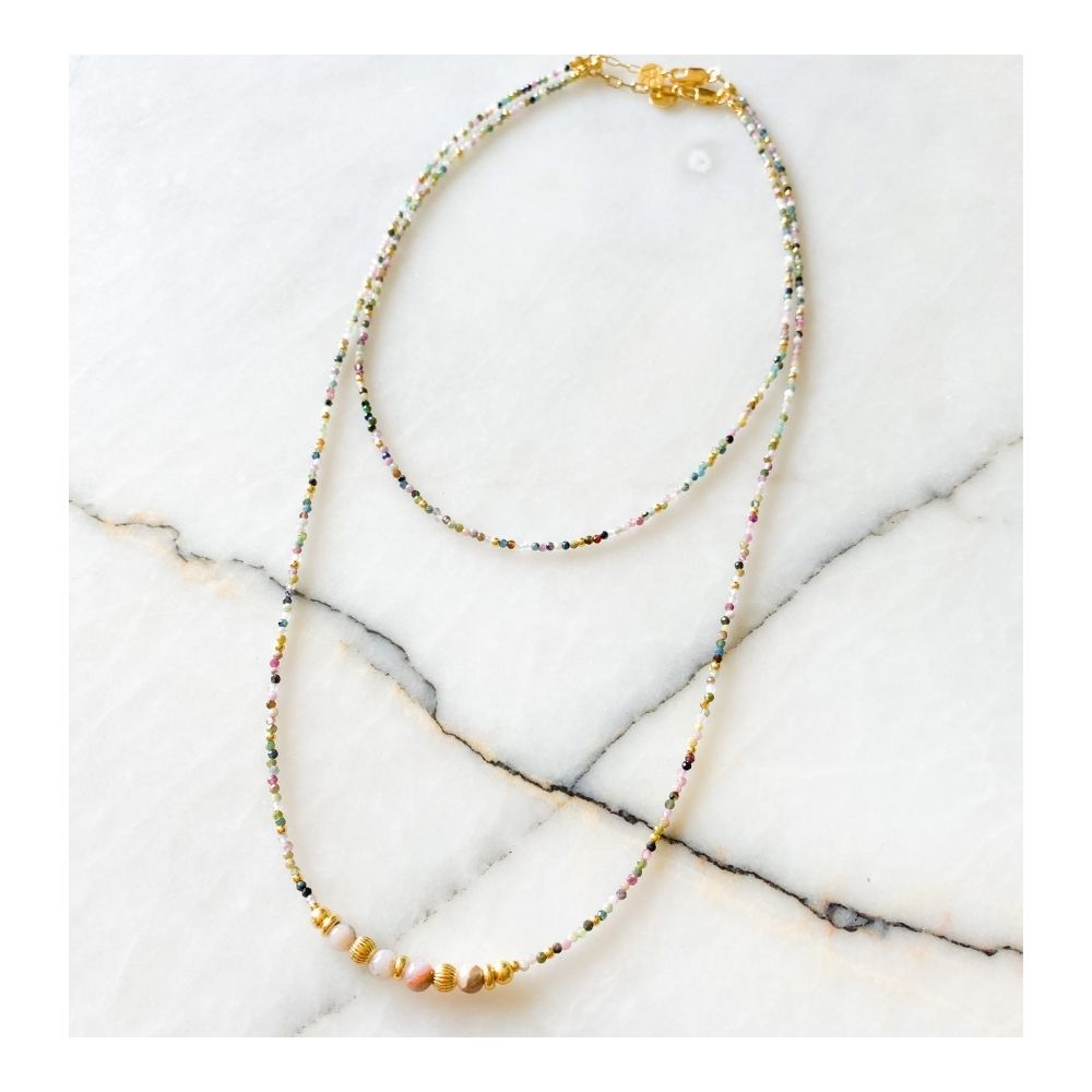 Aaru Pink Opal, Tourmaline & Silver Necklace