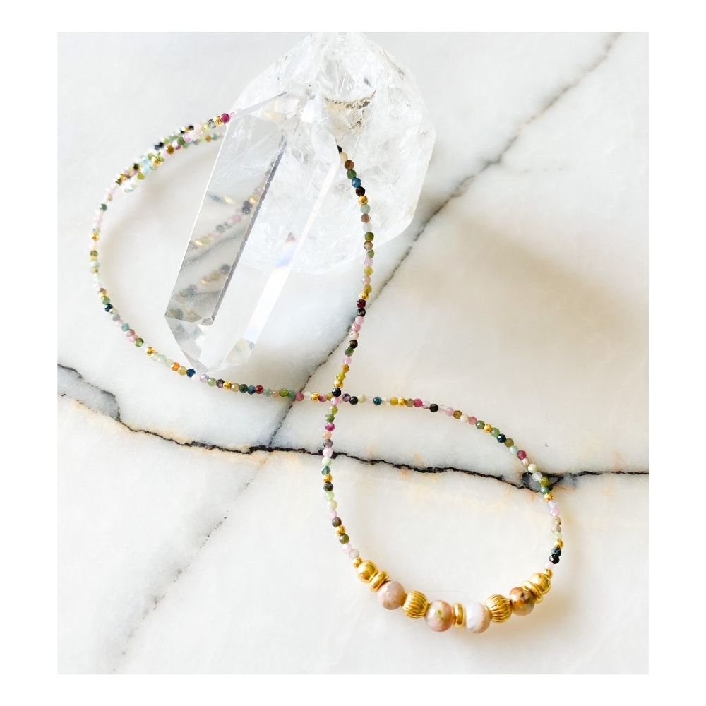 Aaru Pink Opal, Tourmaline & Silver Necklace