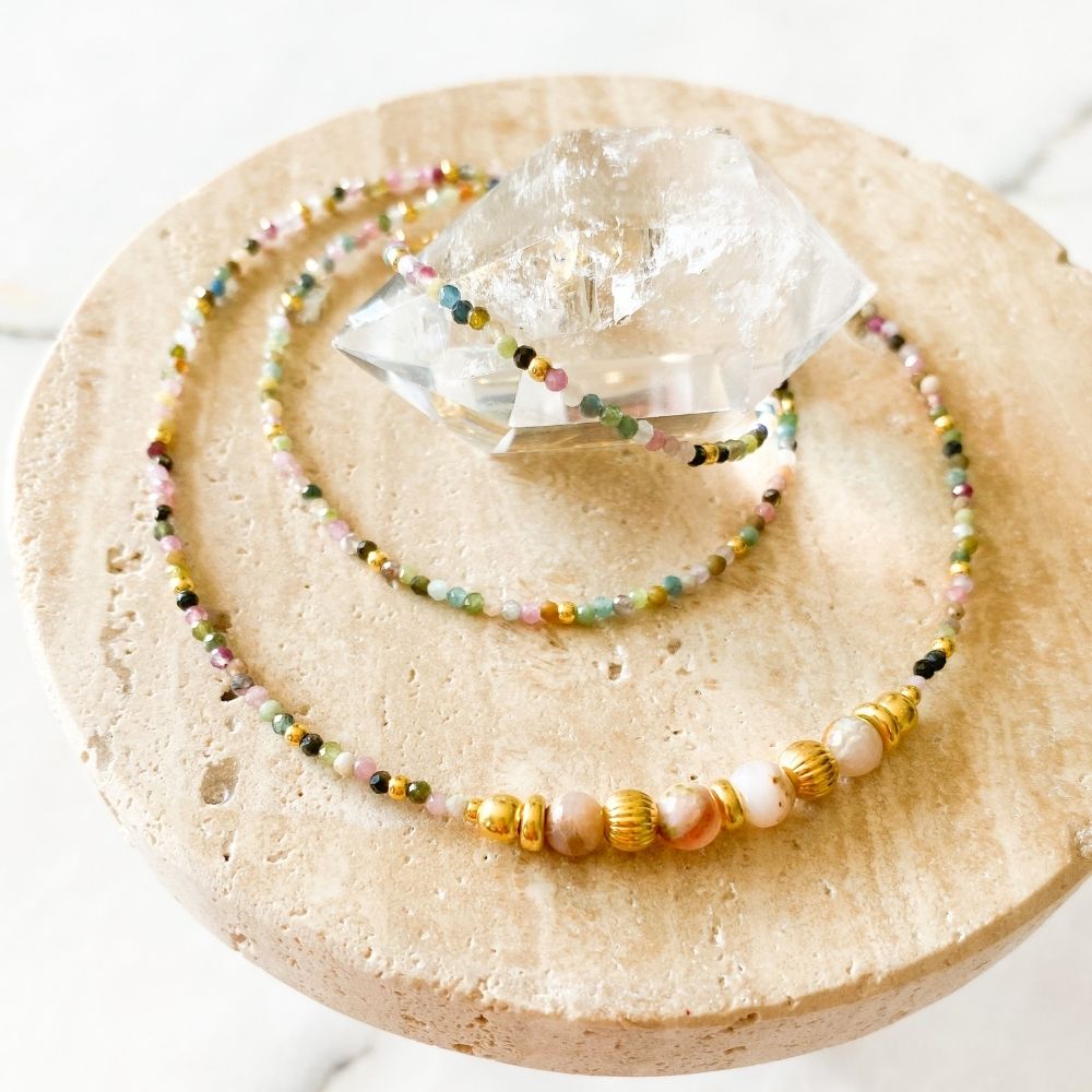 Aaru Pink Opal, Tourmaline & Silver Necklace
