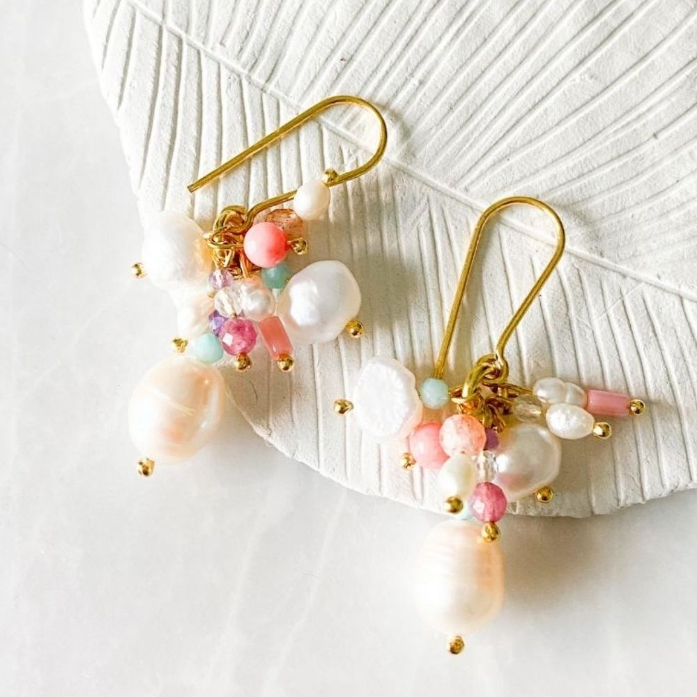 Belize Pearl & Coral & Sunstone Earrings