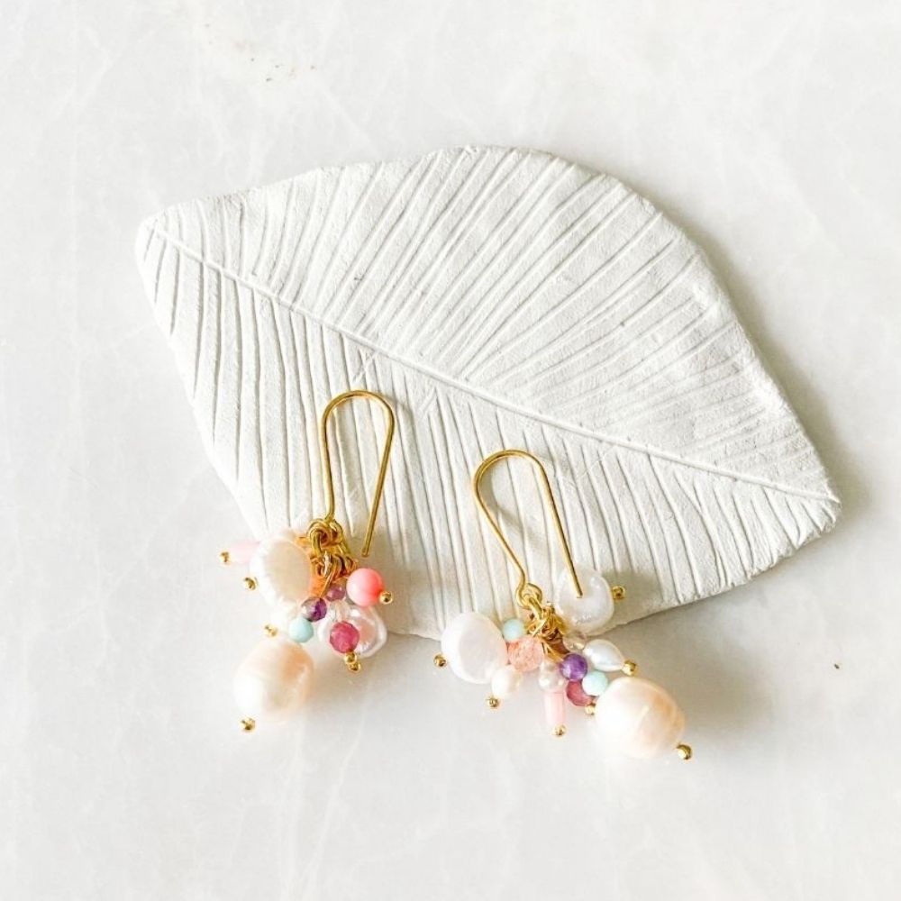 Belize Pearl & Coral & Sunstone Earrings