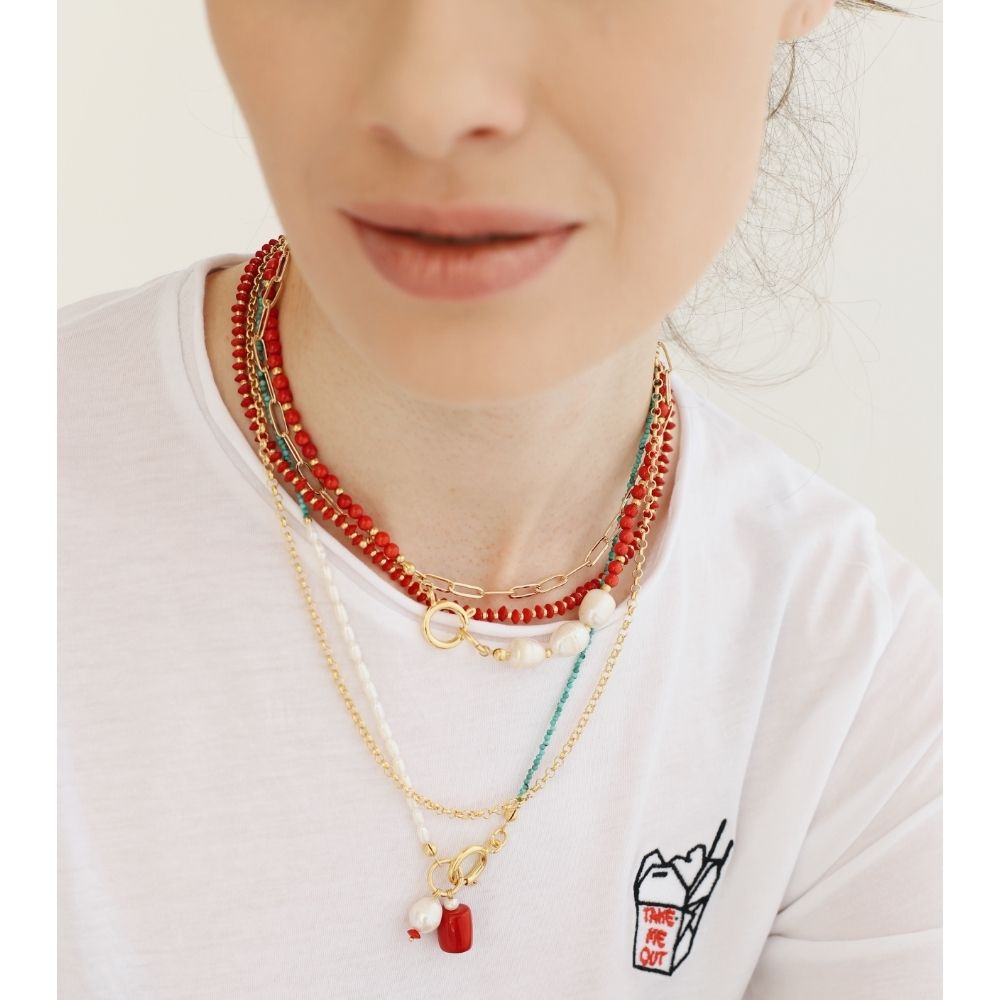 Eleni Turquoise & Coral & Pearl Necklace | Double Trouble