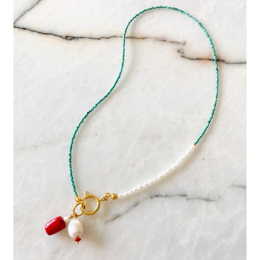 Eleni Turquoise & Coral & Pearl Necklace | Double Trouble