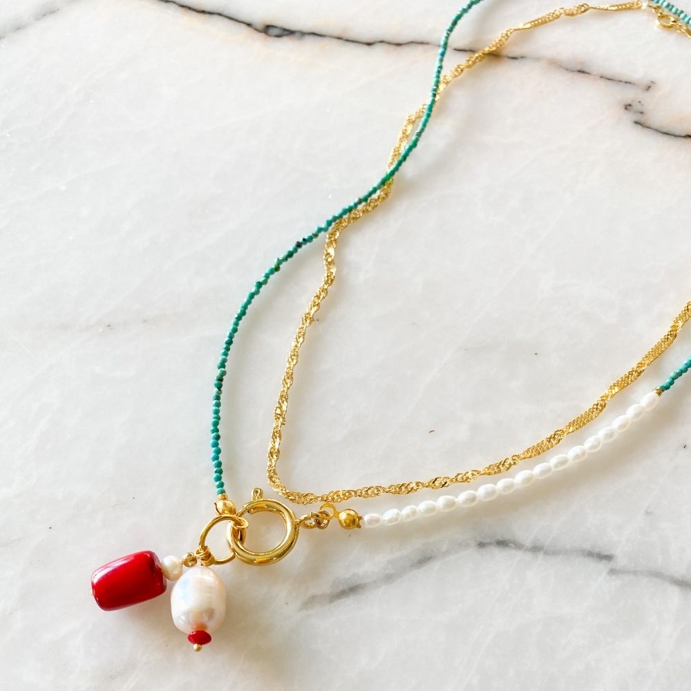 Eleni Turquoise & Coral & Pearl Necklace | Double Trouble