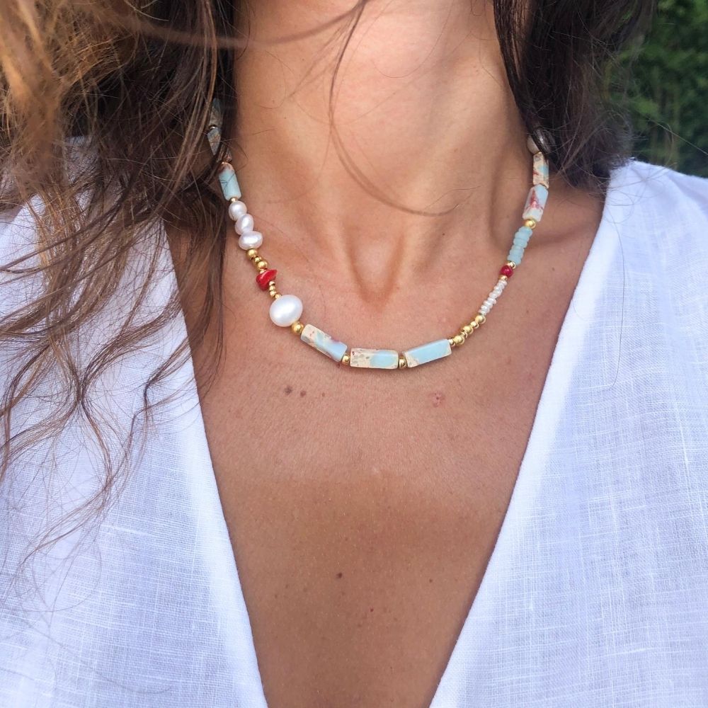 Imperial Jasper & Mercan & İnci Kolye