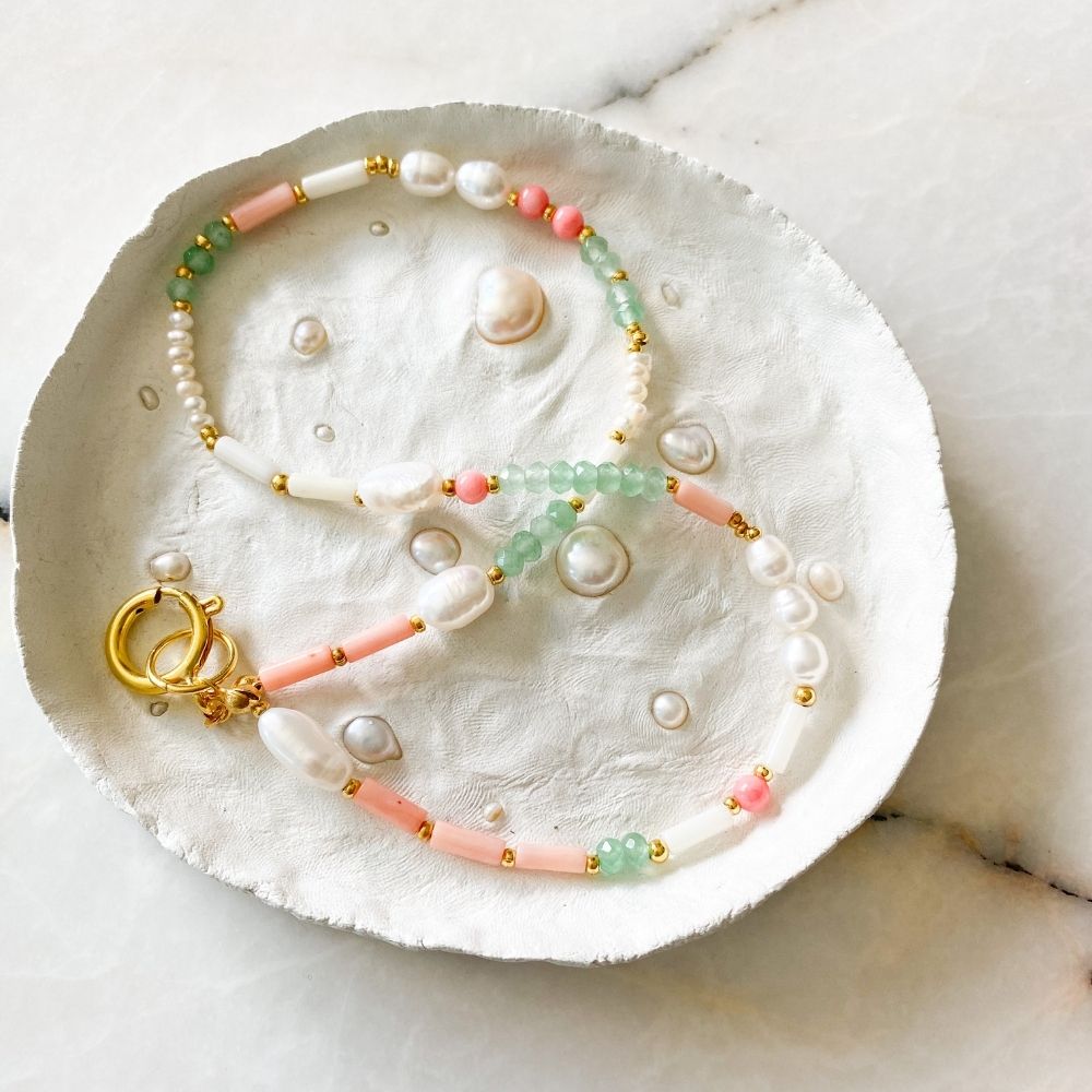 Gina Natural Pearl Aventurine & Coral Necklace
