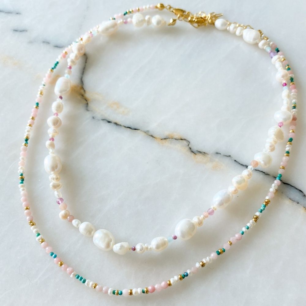 Chance Natural Pearl Turquoise & Pink Opal Necklace