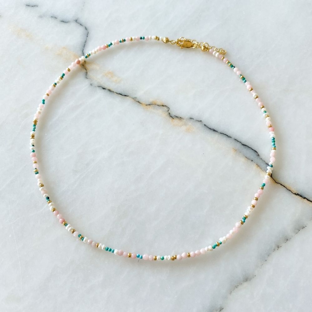 Chance Natural Pearl Turquoise & Pink Opal Necklace