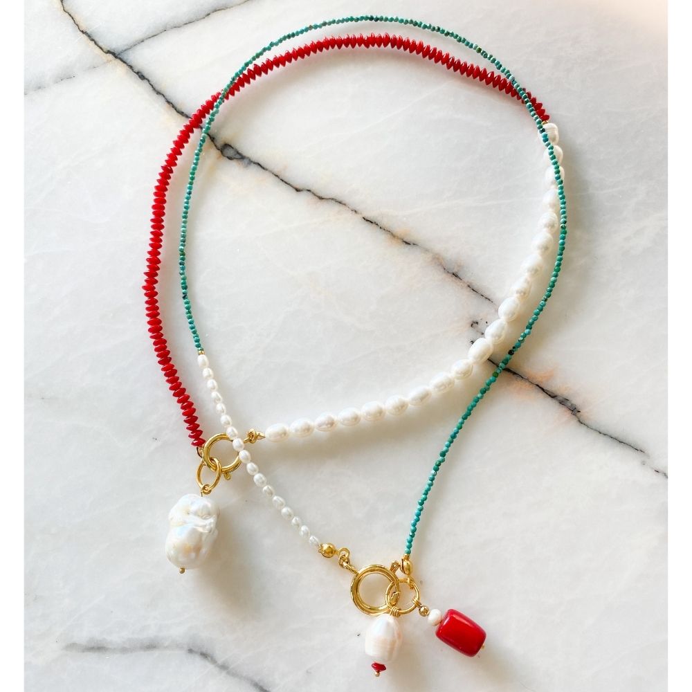 Eleni Turquoise & Coral & Pearl Necklace | Double Trouble