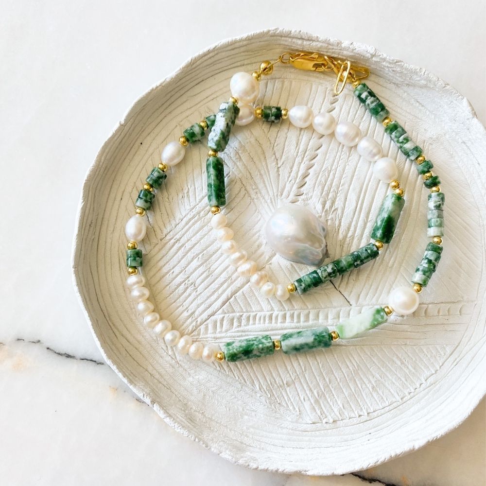 Polly Natural Pearl and Moss Agate Necklace
