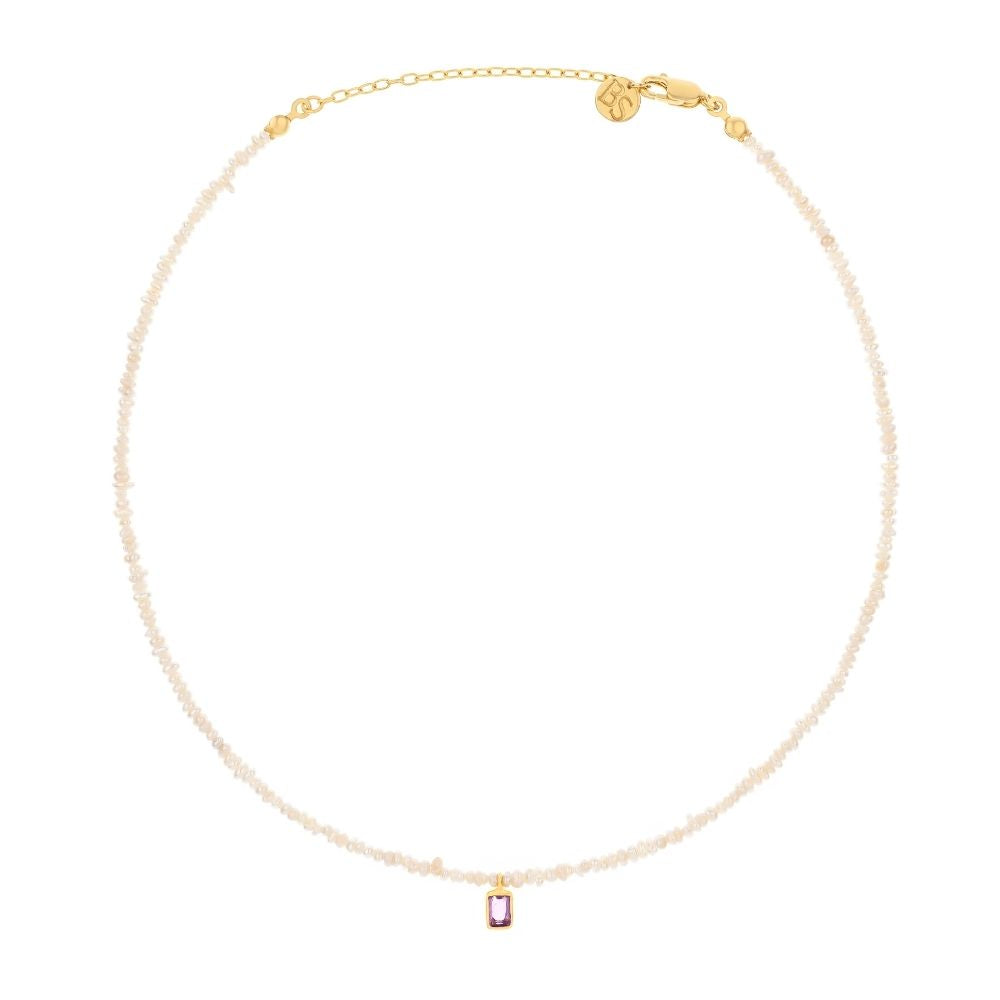 Una Rectangular Amethyst Charm Pearl Necklace