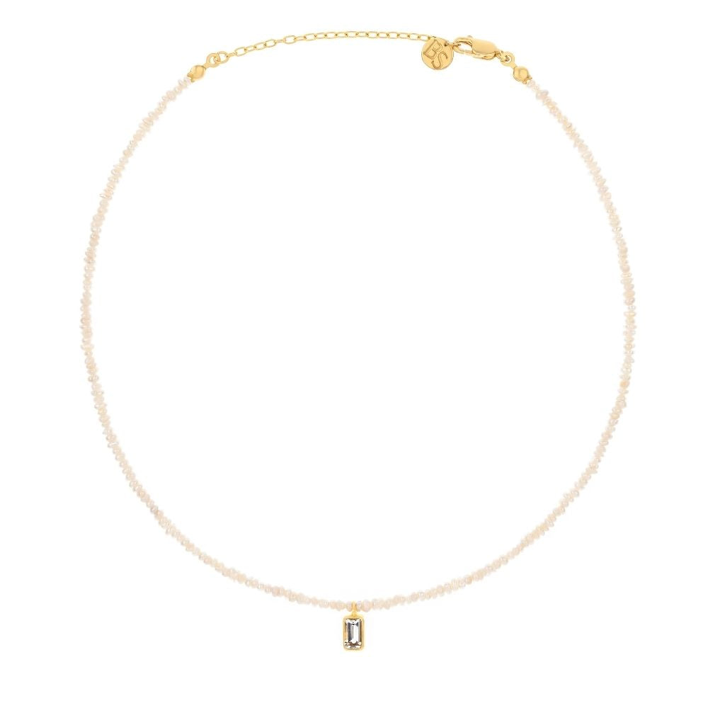 Una Rectangular Topaz Charm Pearl Necklace