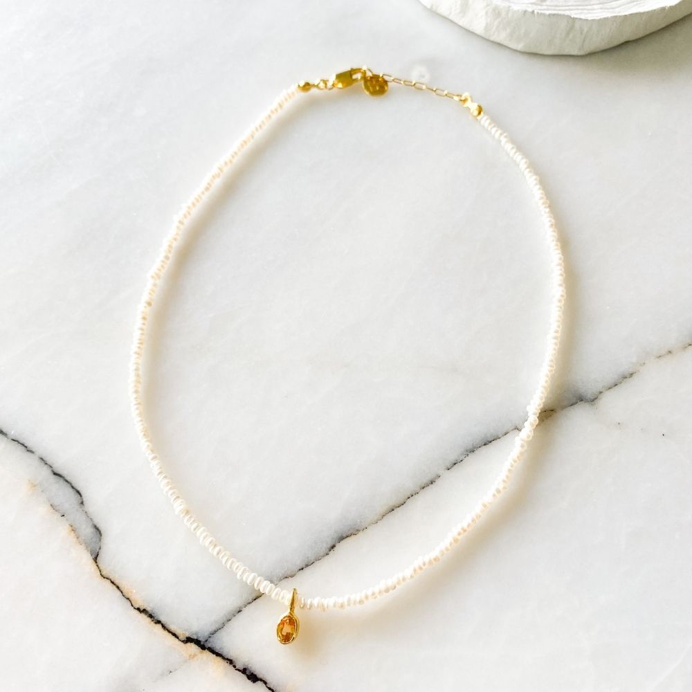 Una Oval Sitrin Charm İnci Kolye