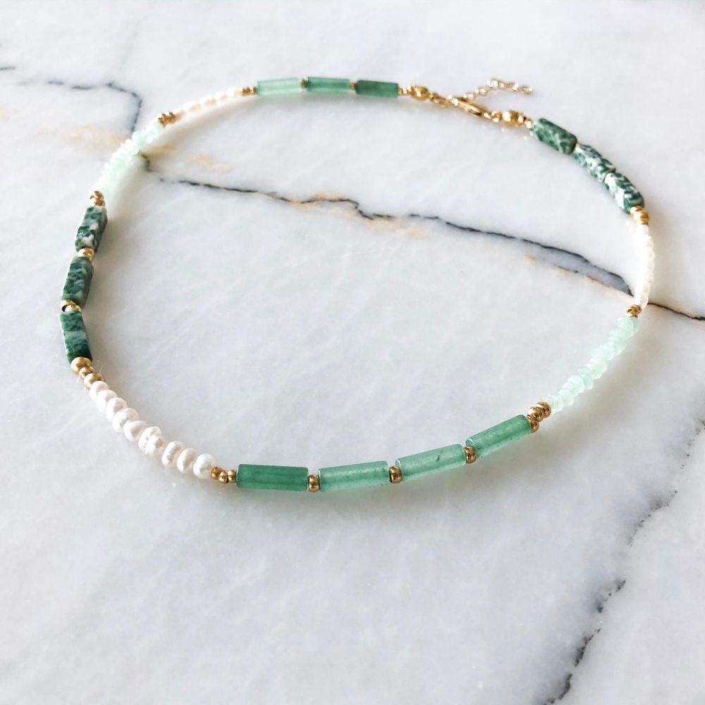 Yasmin Aventurine & Moss Agate & Jade & Pearl Necklace