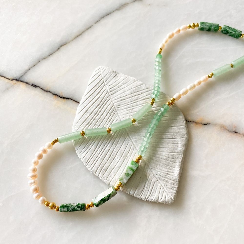 Yasmin Aventurine & Moss Agate & Jade & Pearl Necklace