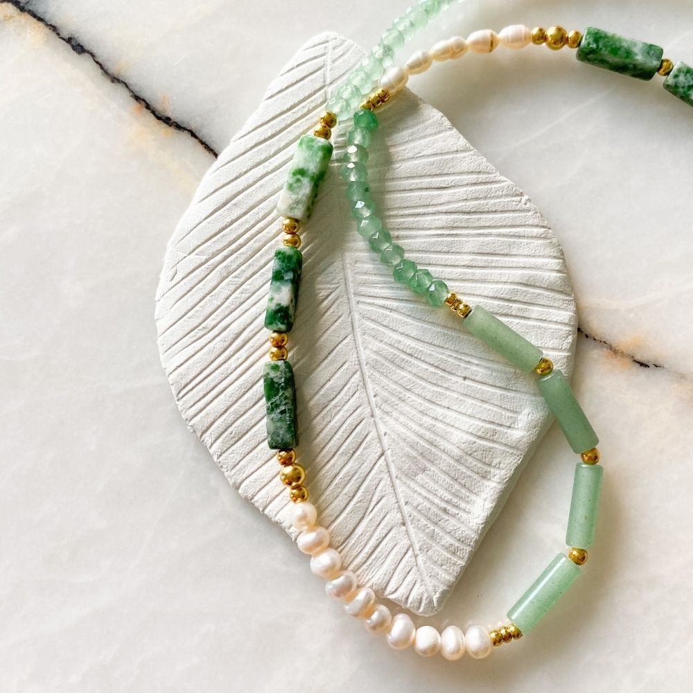 Yasmin Aventurine & Moss Agate & Jade & Pearl Necklace