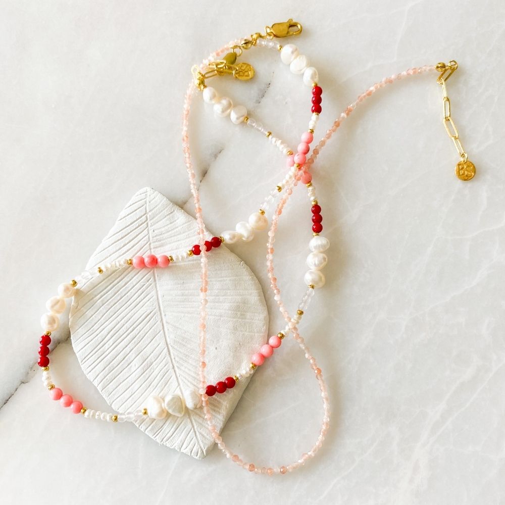 Effie Natural Pearl, Coral & Rose Quartz Necklace
