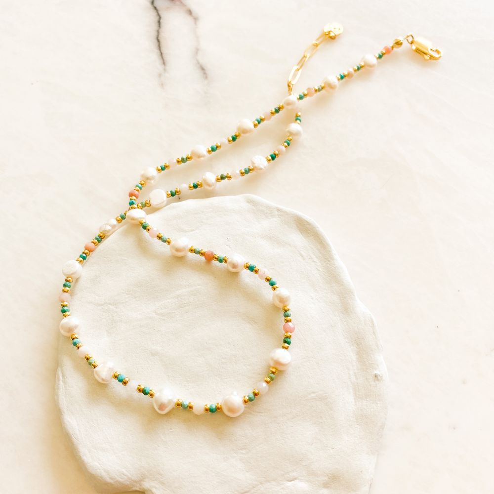Mel Natural Pearl Turquoise & Pink Opal Necklace