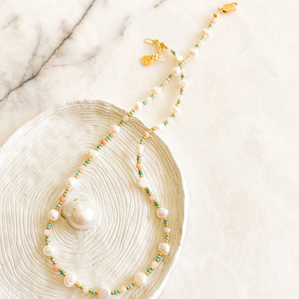 Mel Natural Pearl Turquoise & Pink Opal Necklace