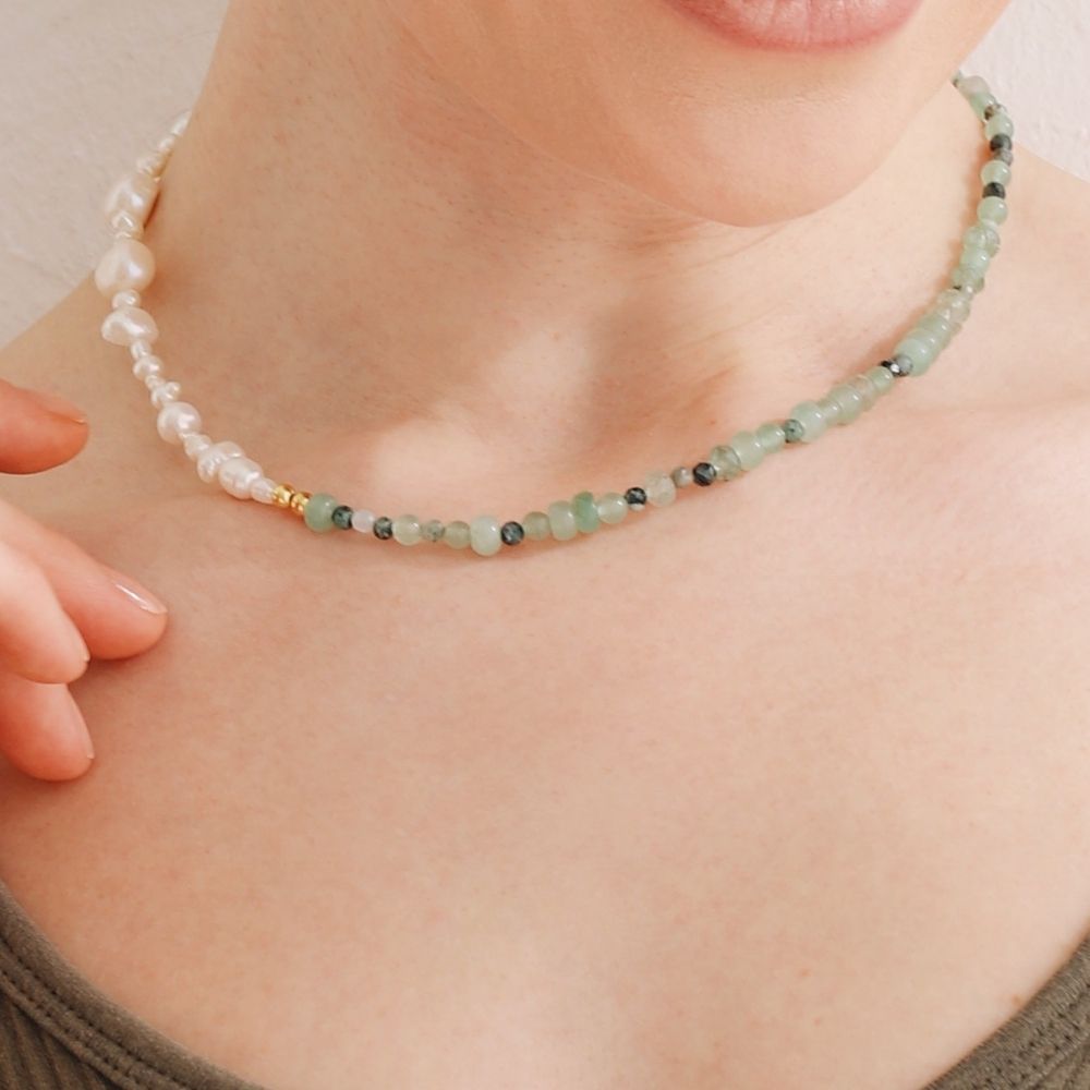 Naaz Emerald & Aventurine & Pearl Necklace | Double Trouble Collection